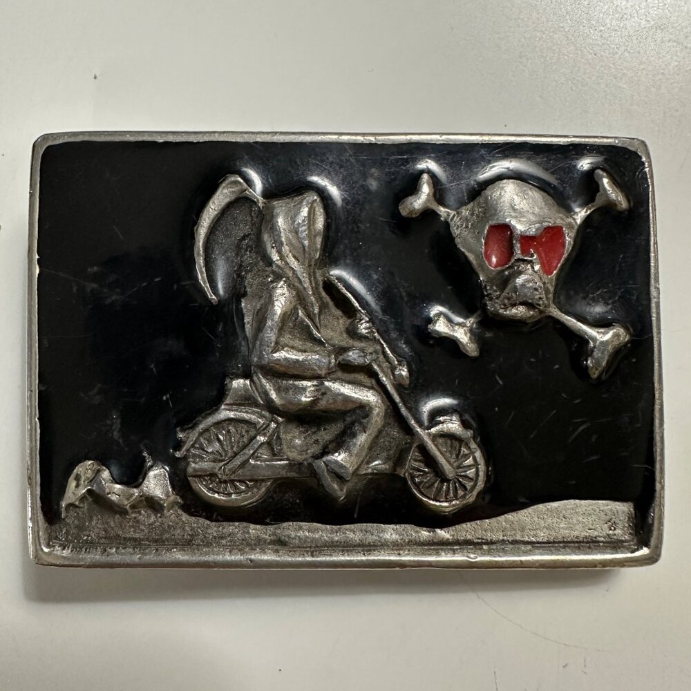 VTG 1978 Instyle #1227 Grimm Reaper Skull Cycle silver tone 3.25 x 2.25” buckle